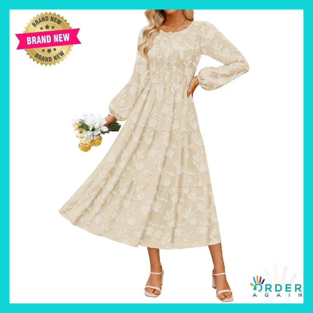 Boho Floral Midi Dress Long Sleeve Crewneck Elegant Wedding Guest Fall